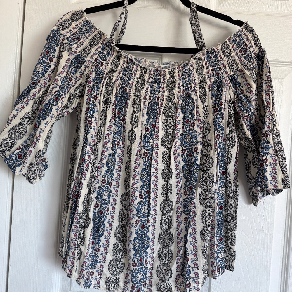 Boho Off-Shoulder Smocked Peasant Top Size Large